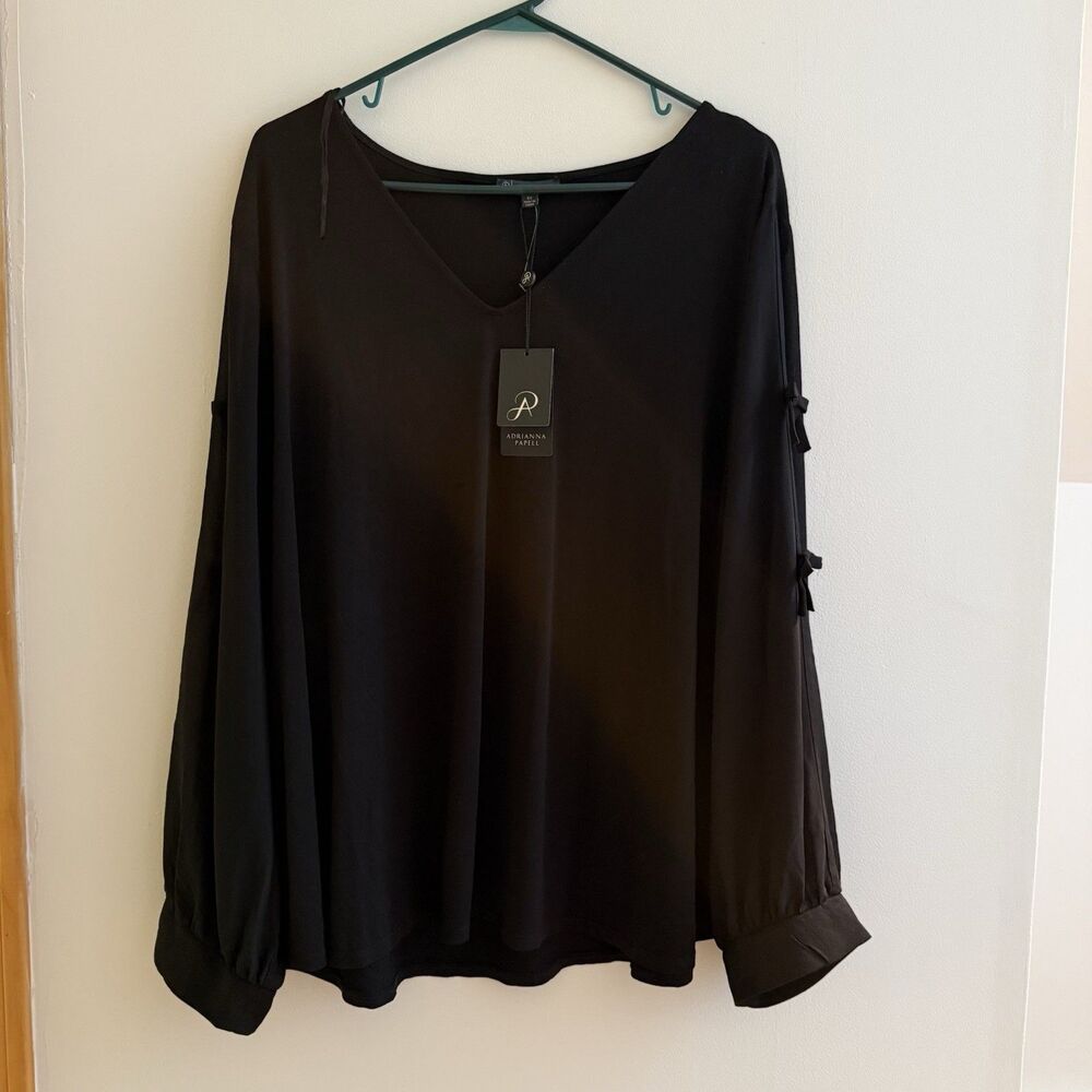 Vintage Papell Boutique Evening Black Tunic Cocktail Blouse V Neck Knit Top 3XL